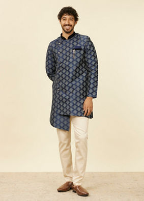 Manyavar Men Dark Blue Imperial Paisley Patterned Angrakha Style Kurta Set image number 2