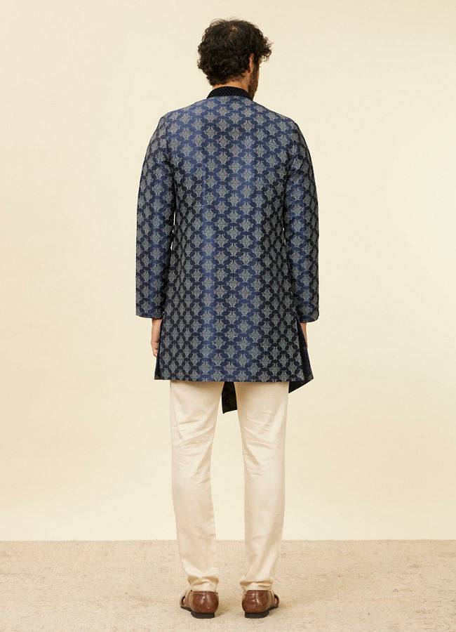 Manyavar Men Dark Blue Imperial Paisley Patterned Angrakha Style Kurta Set