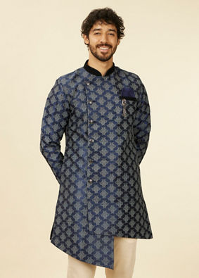 Manyavar Men Dark Blue Imperial Paisley Patterned Angrakha Style Kurta Set