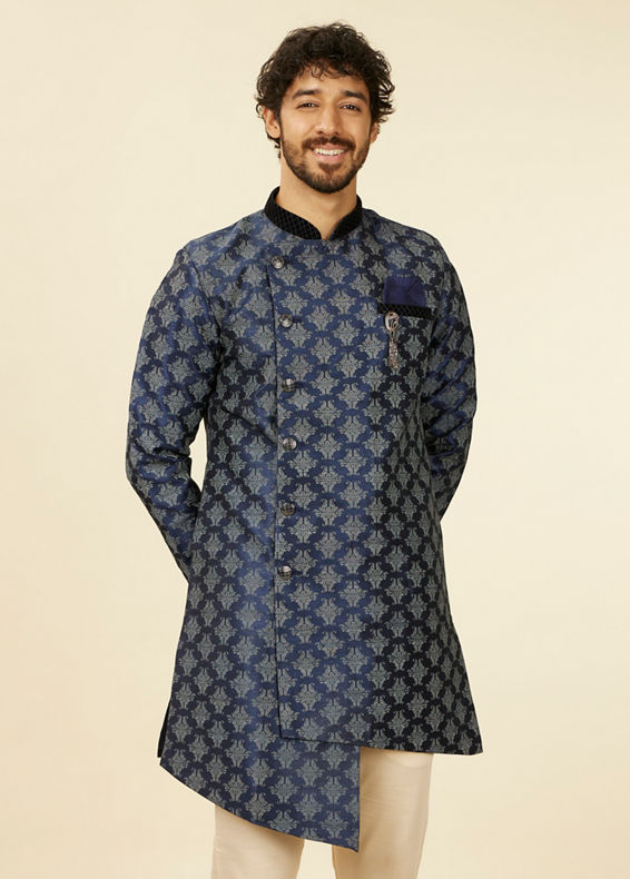 Manyavar Men Dark Blue Imperial Paisley Patterned Angrakha Style Kurta Set