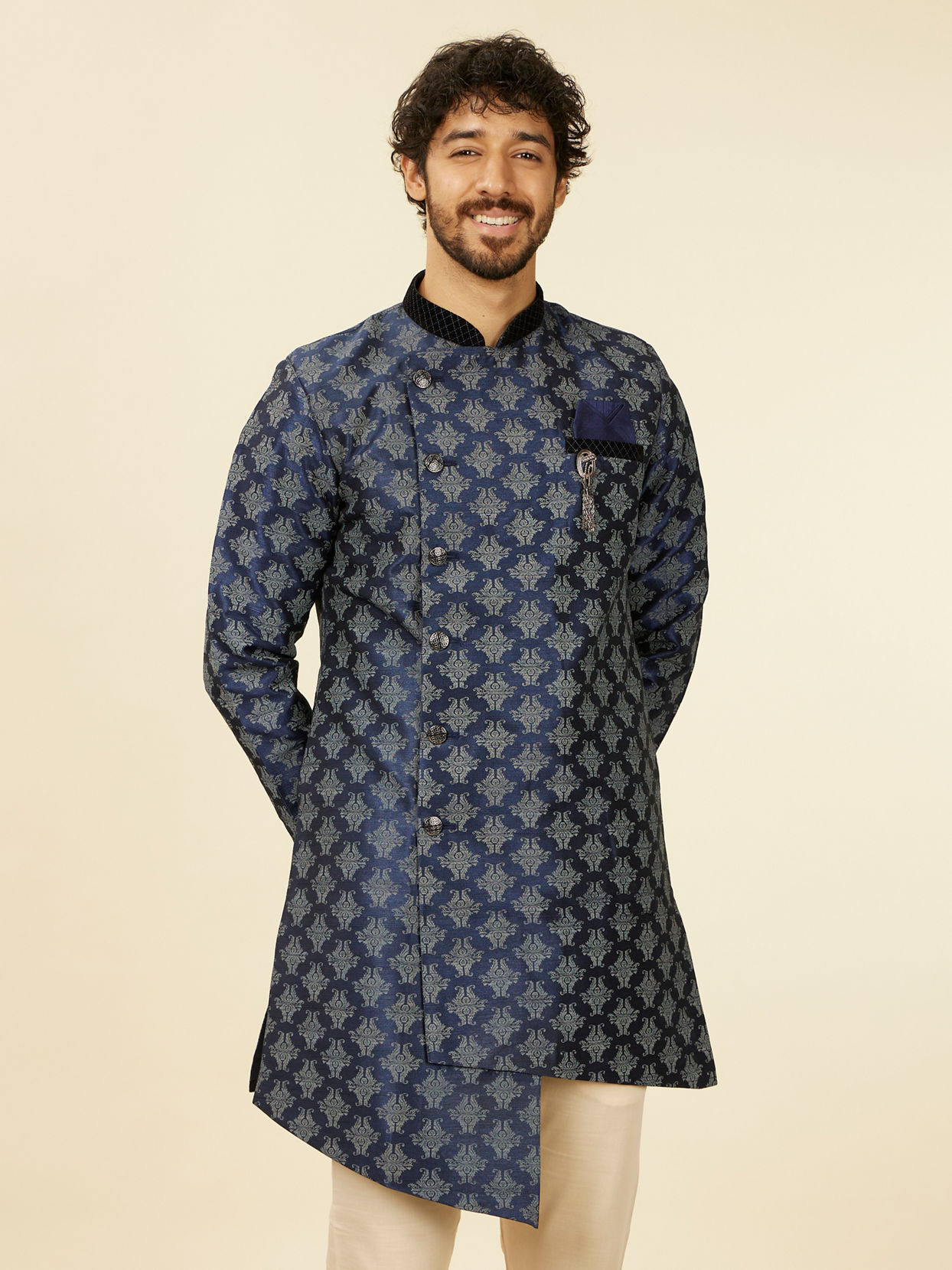 alt message - Manyavar Men Dark Blue Imperial Paisley Patterned Angrakha Style Kurta Set image number 0