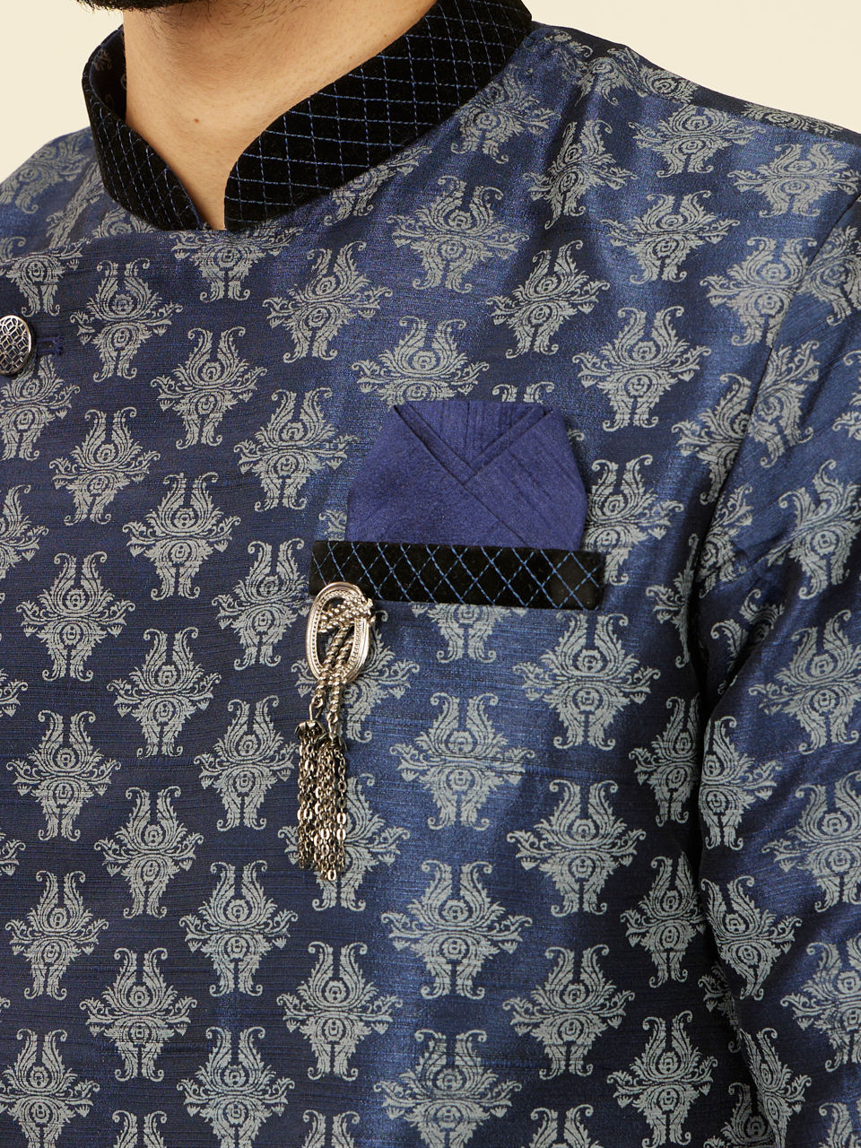 Manyavar Men Dark Blue Imperial Paisley Patterned Angrakha Style Kurta Set