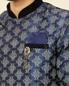 alt message - Manyavar Men Dark Blue Imperial Paisley Patterned Angrakha Style Kurta Set image number 1