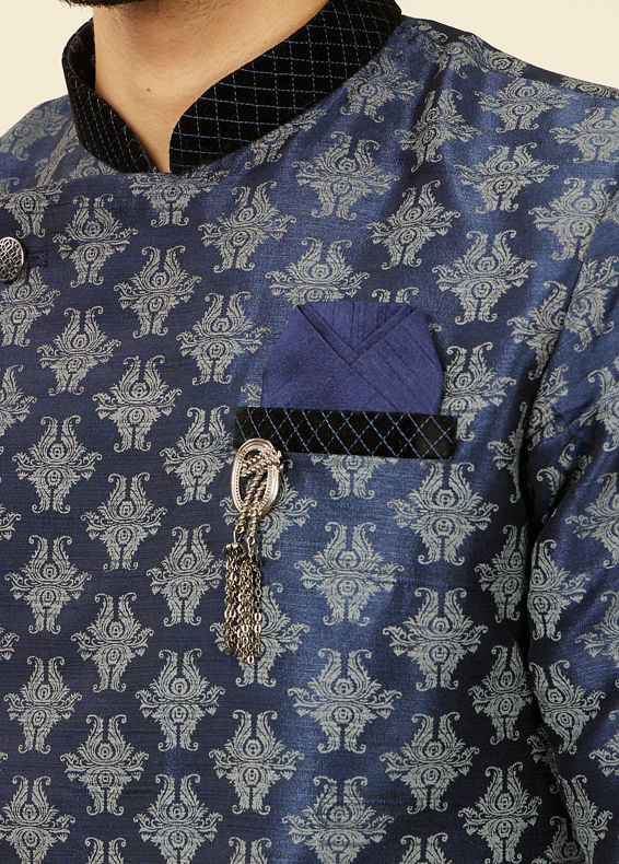 Manyavar Men Dark Blue Imperial Paisley Patterned Angrakha Style Kurta Set