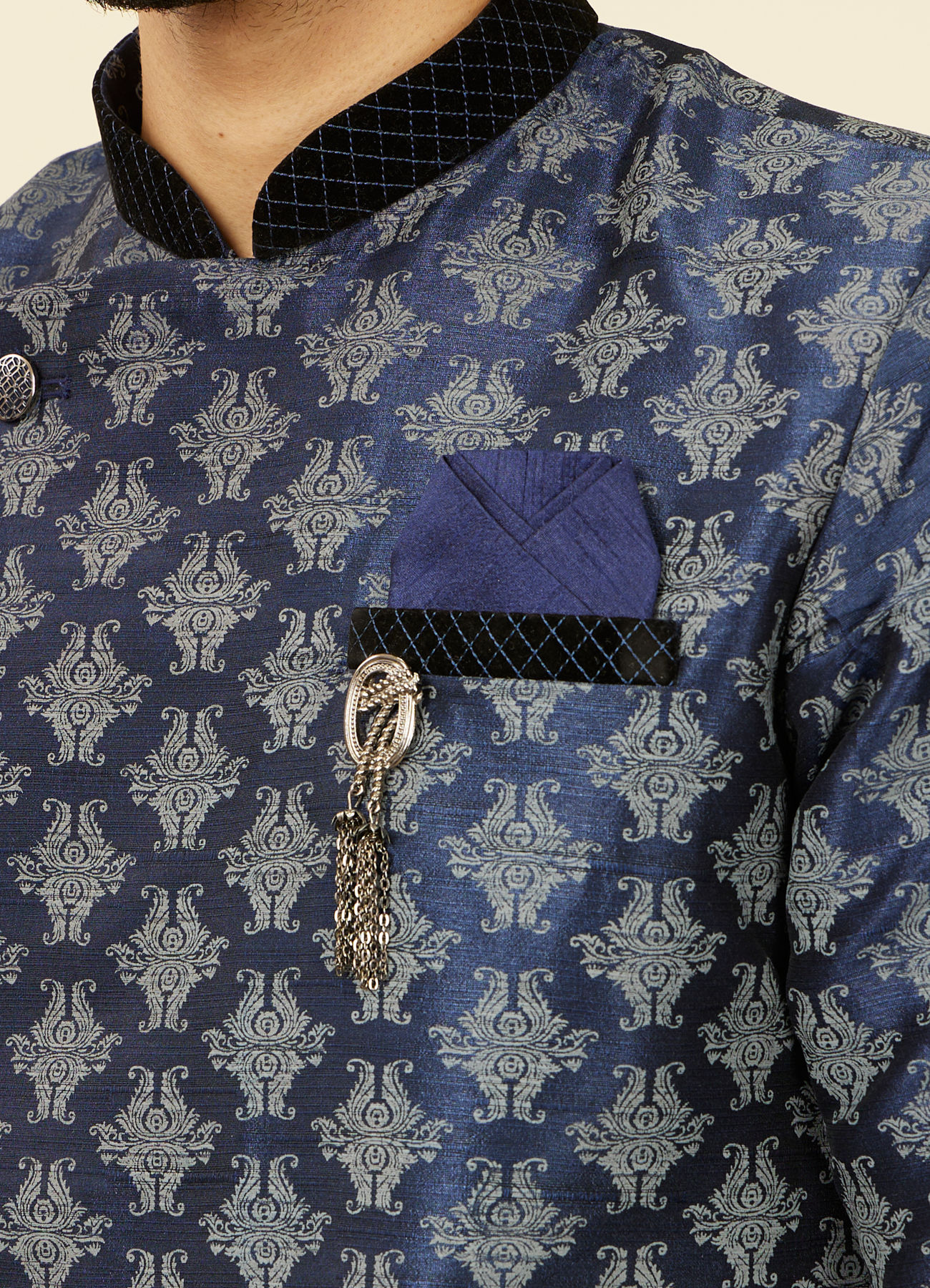 Manyavar Men Dark Blue Imperial Paisley Patterned Angrakha Style Kurta Set