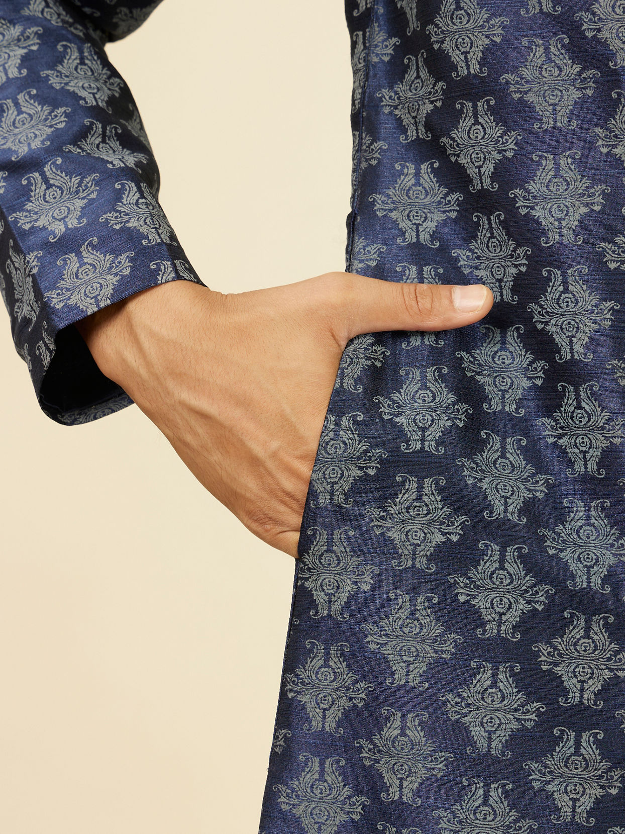 alt message - Manyavar Men Dark Blue Imperial Paisley Patterned Angrakha Style Kurta Set image number 3