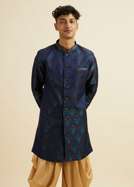 Manyavar Men Blue Art Silk Kurta Set with Pajama