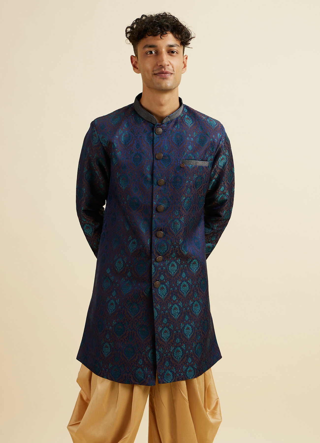 Manyavar Men Blue Art Silk Kurta Set with Pajama