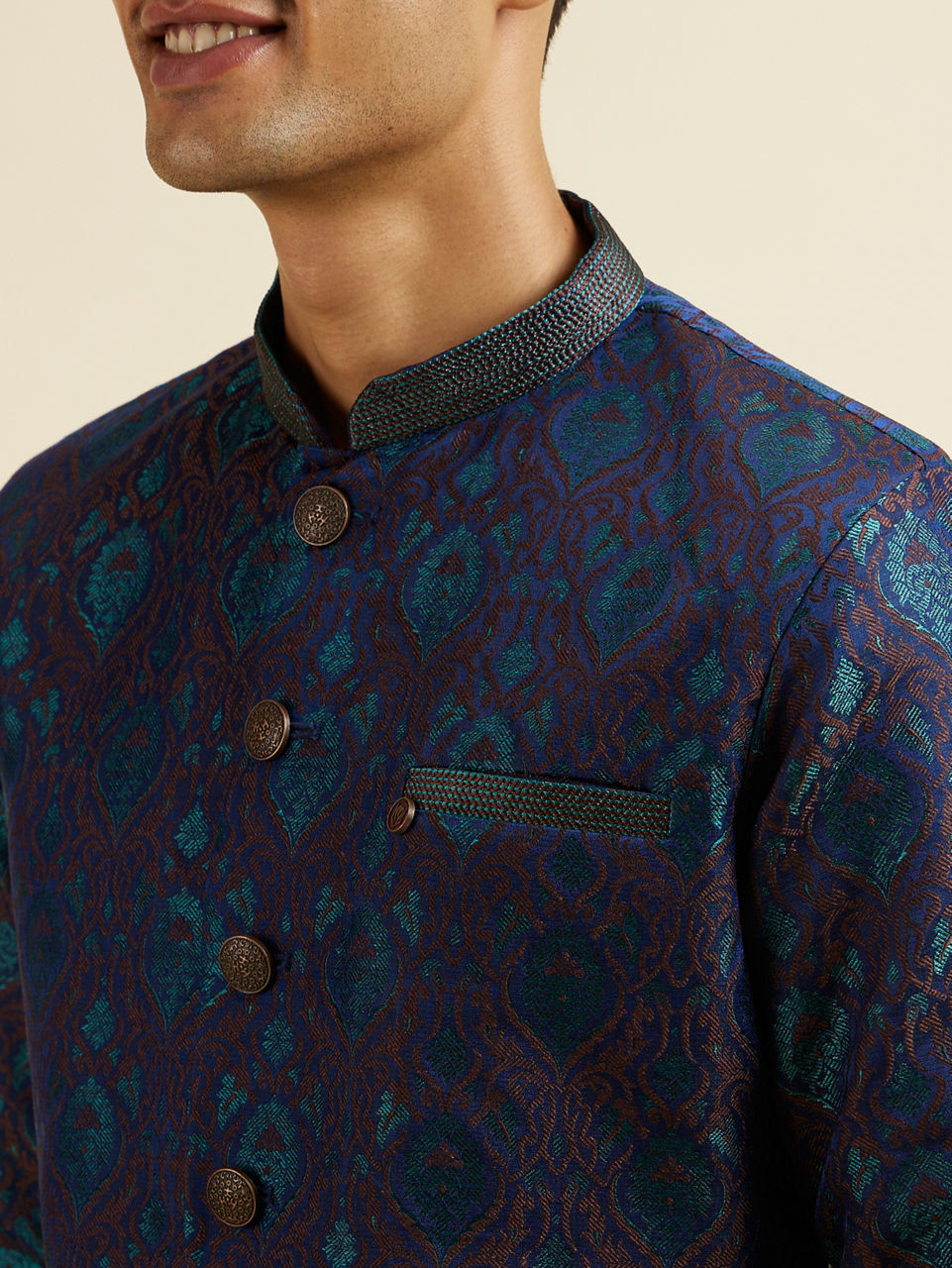 Manyavar Men Blue Art Silk Kurta Set with Pajama