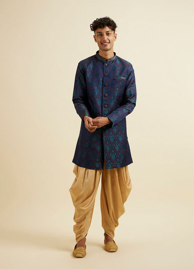 Manyavar Men Blue Art Silk Kurta Set with Pajama