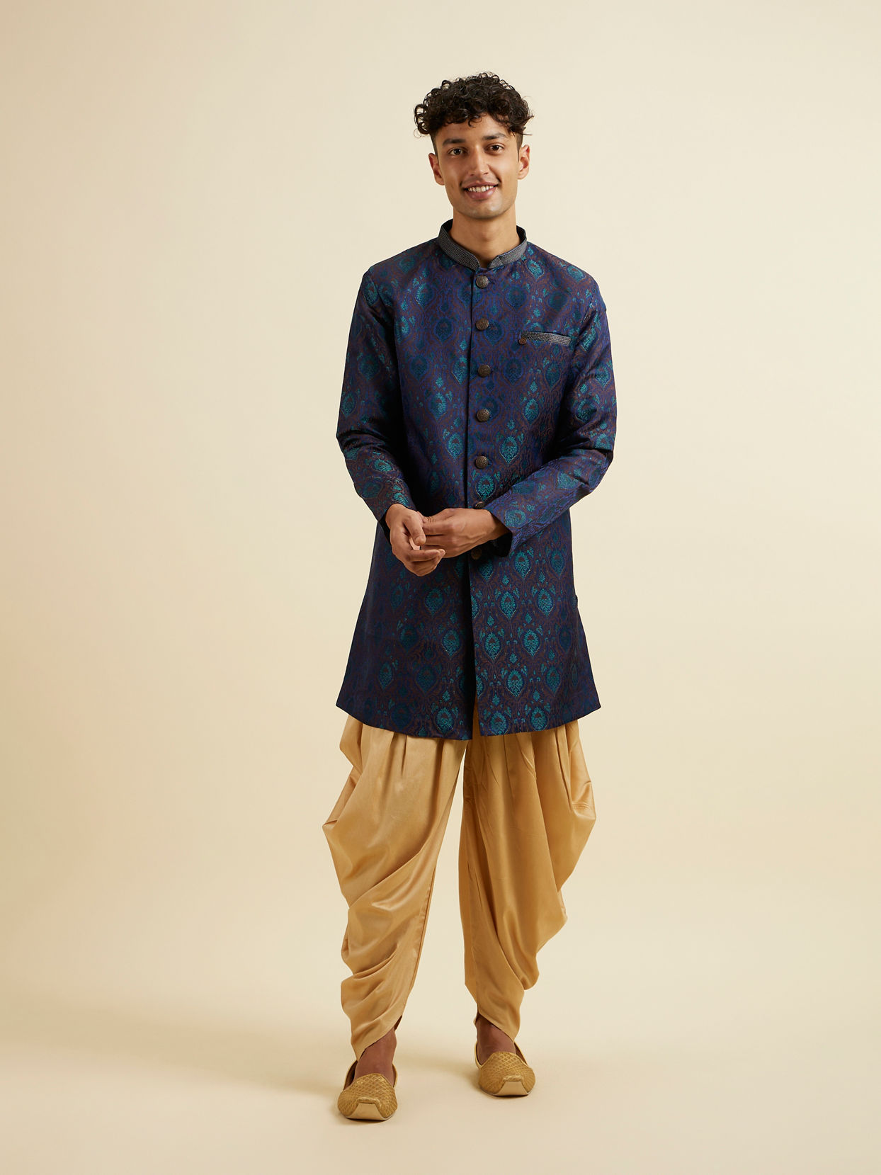 Manyavar Men Blue Art Silk Kurta Set with Pajama