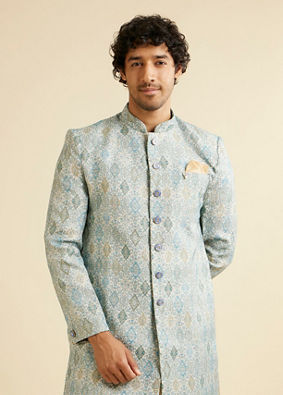 alt message - Manyavar Men Light Blue Conch Shell Patterned Kurta Set image number 0