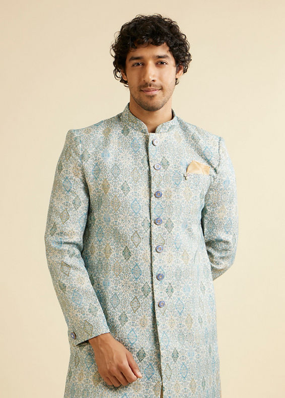 Manyavar Men Light Blue Conch Shell Patterned Kurta Set