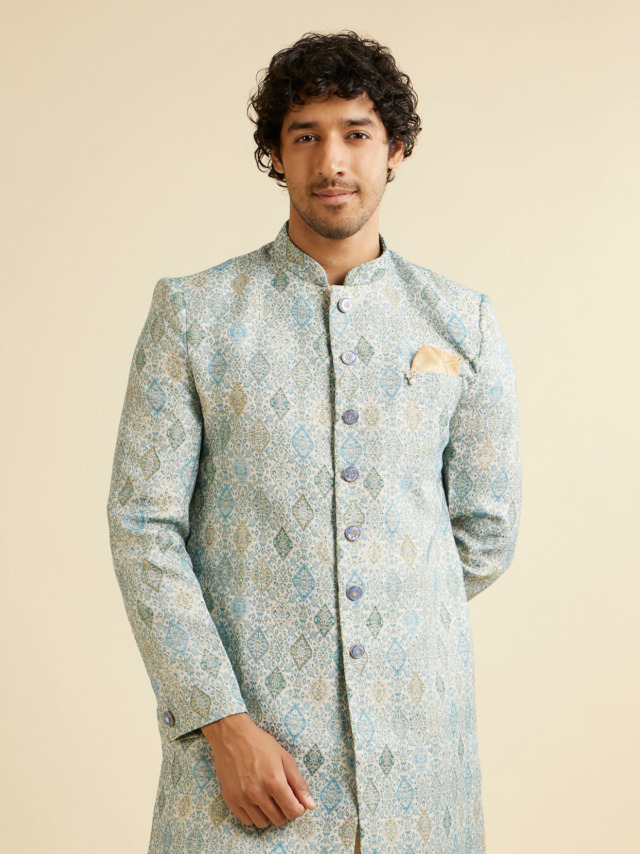 alt message - Manyavar Men Light Blue Conch Shell Patterned Kurta Set image number 0