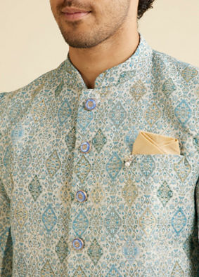 alt message - Manyavar Men Light Blue Conch Shell Patterned Kurta Set image number 1