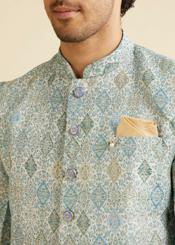 Manyavar Men Light Blue Conch Shell Patterned Kurta Set