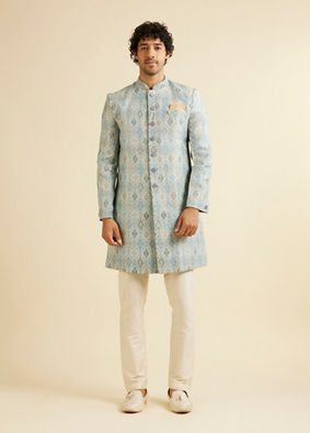 alt message - Manyavar Men Light Blue Conch Shell Patterned Kurta Set image number 2