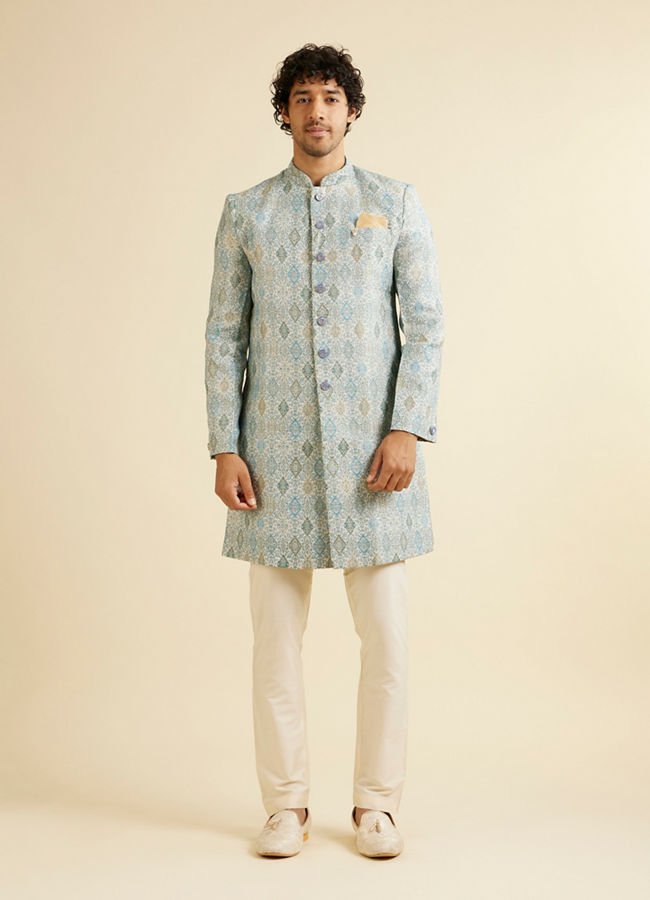 alt message - Manyavar Men Light Blue Conch Shell Patterned Kurta Set image number 2