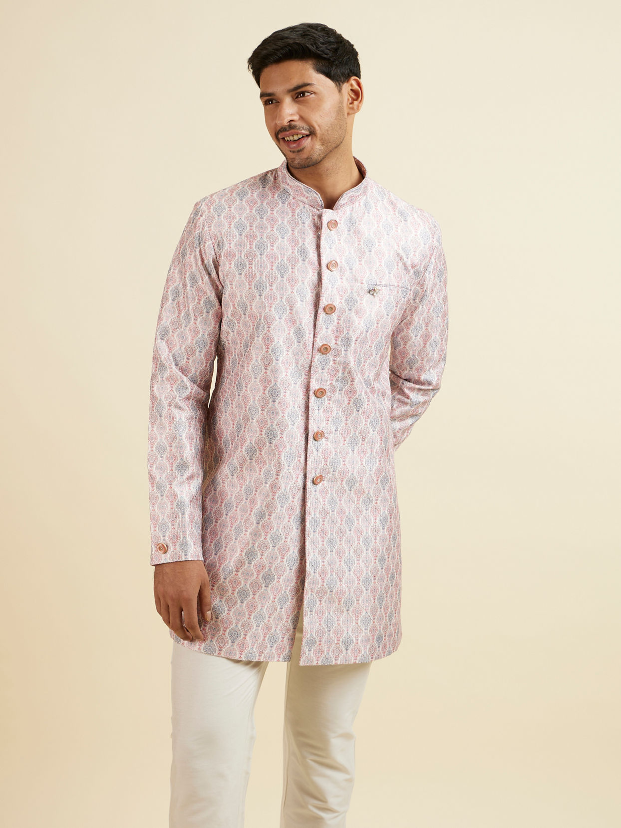 alt message - Manyavar Men Pink Medallion Printed Kurta Set image number 0