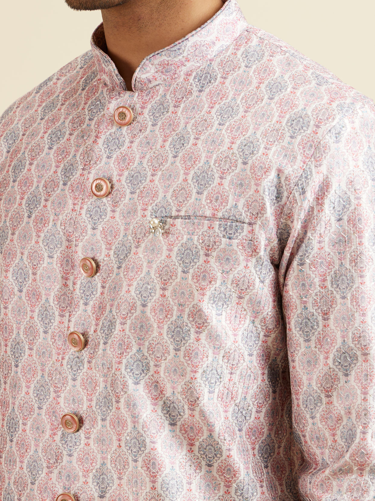 alt message - Manyavar Men Pink Medallion Printed Kurta Set image number 1