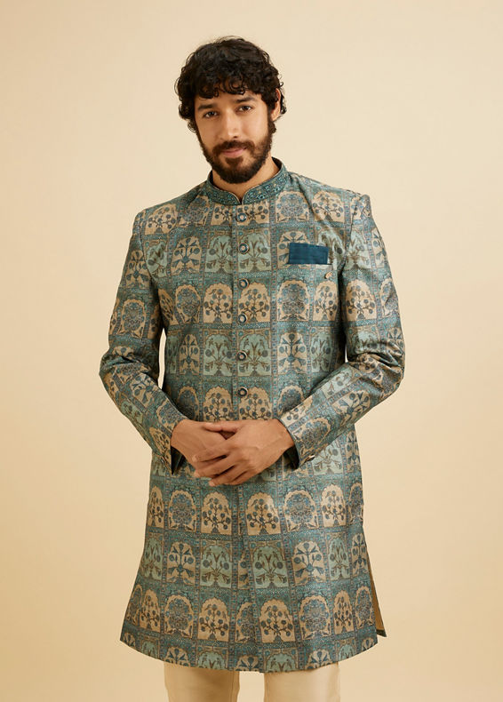 Manyavar Men Teal Green Tree of Life Printed Kurta Set with Embellished Neckline