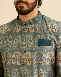 Manyavar Men Teal Green Tree of Life Printed Kurta Set with Embellished Neckline