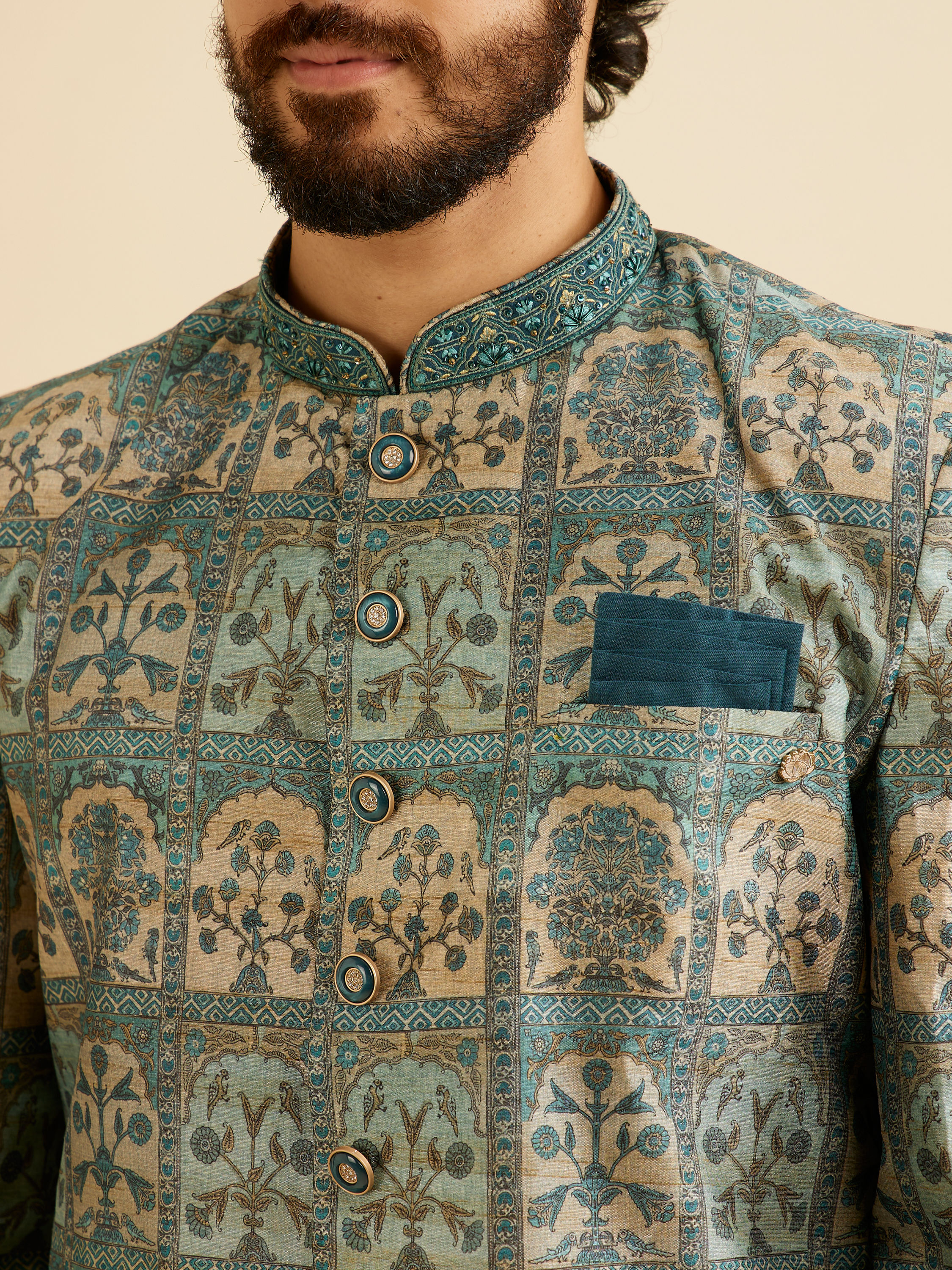 Manyavar Men Teal Green Tree of Life Printed Kurta Set with Embellished Neckline