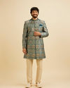 Manyavar Men Teal Green Tree of Life Printed Kurta Set with Embellished Neckline