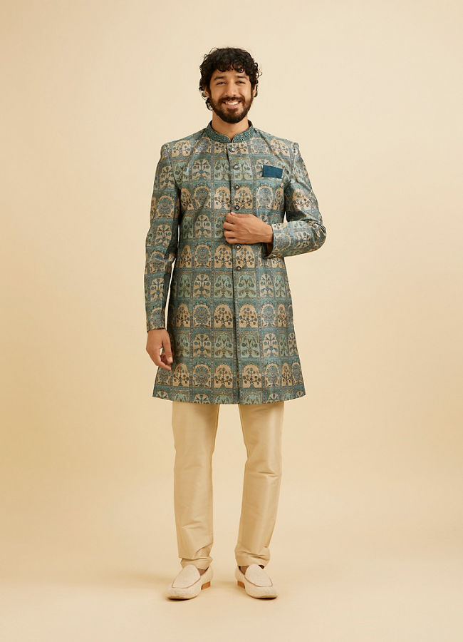 Manyavar Men Teal Green Tree of Life Printed Kurta Set with Embellished Neckline