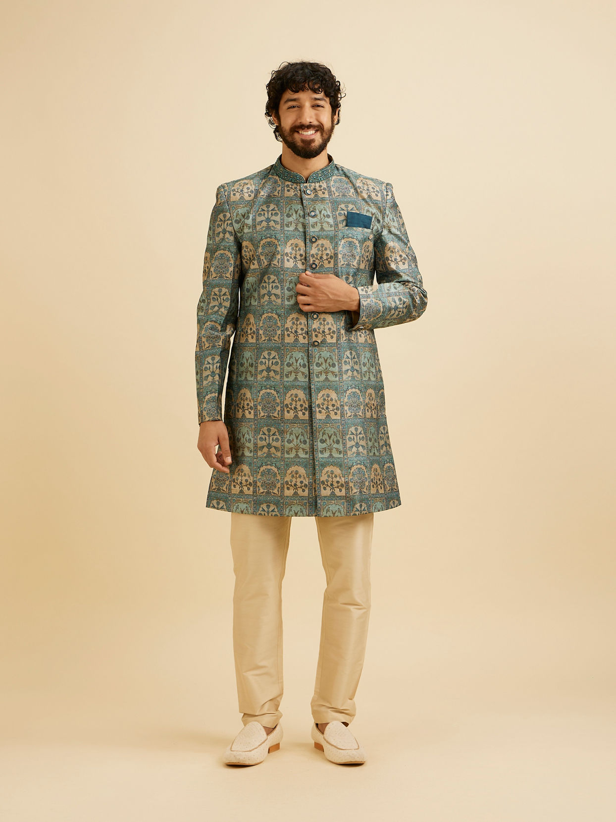 Manyavar Men Teal Green Tree of Life Printed Kurta Set with Embellished Neckline