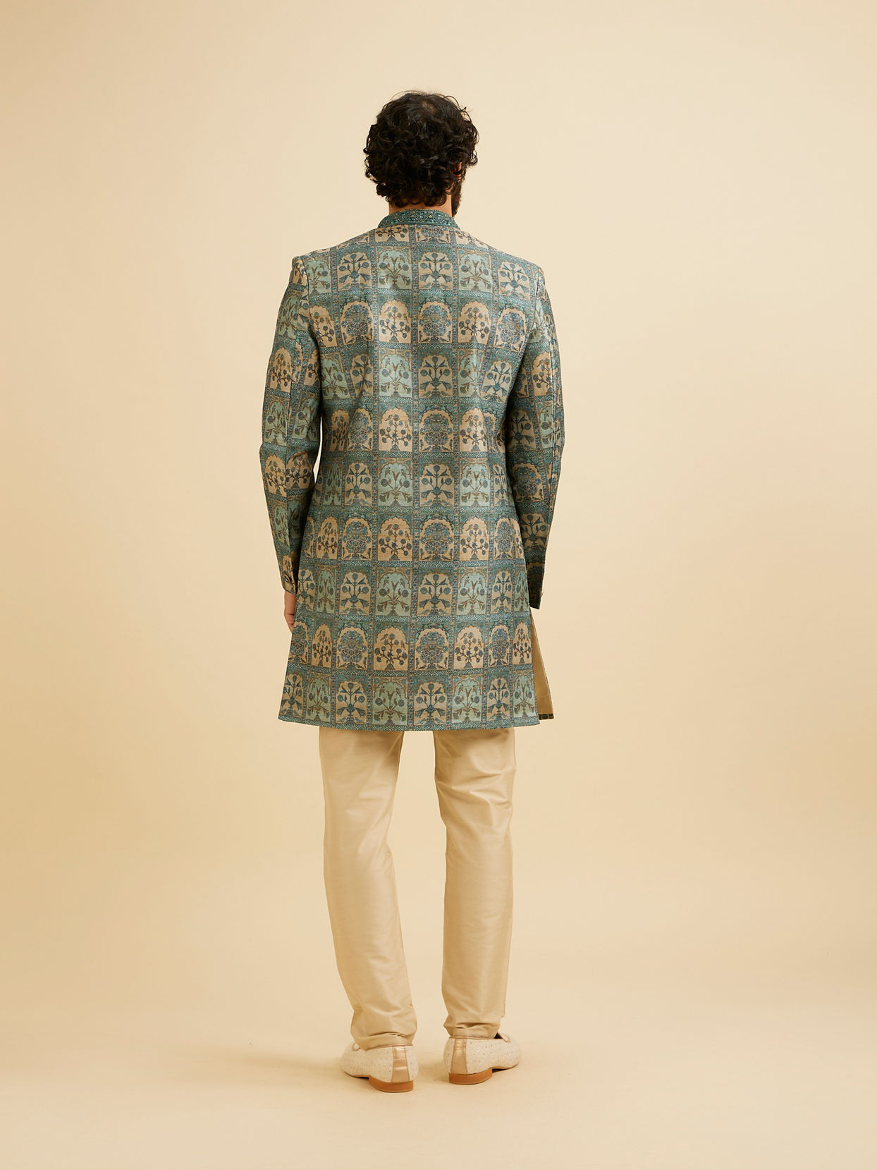 Manyavar Men Teal Green Tree of Life Printed Kurta Set with Embellished Neckline