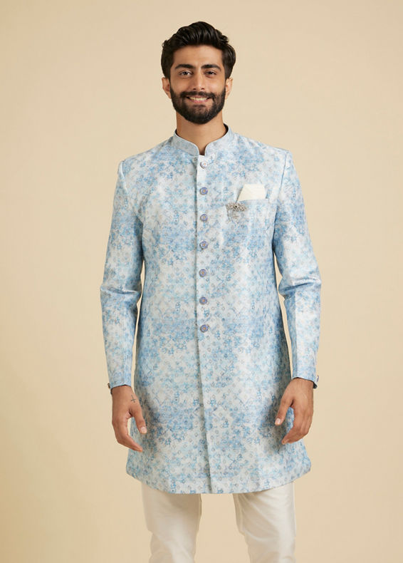 Manyavar Men Cornflower Blue Kurta Set with a Blend of Floral and Trellis Patterns