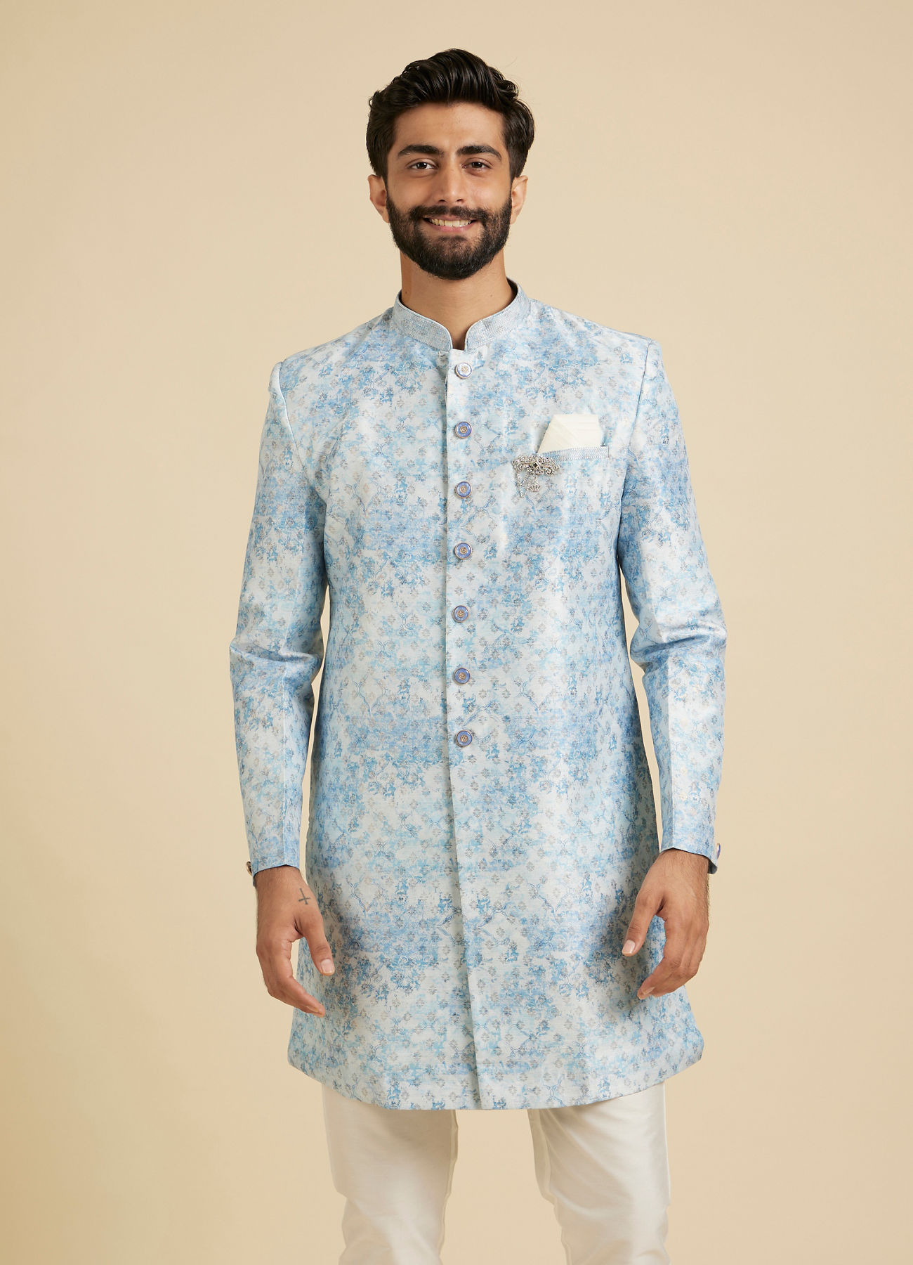 Manyavar Men Cornflower Blue Kurta Set with a Blend of Floral And Trellis Patterns