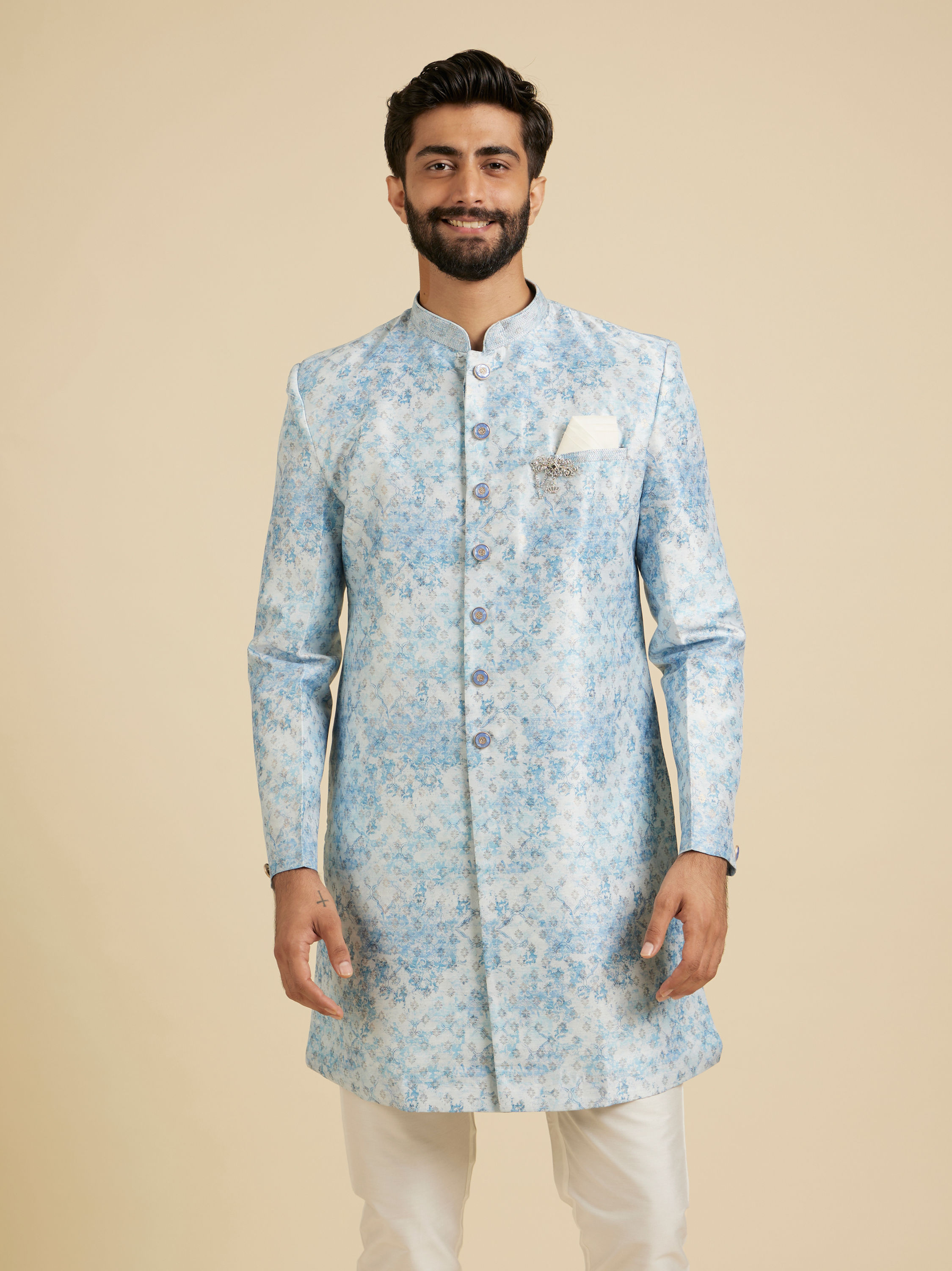 Manyavar Men Cornflower Blue Kurta Set with a Blend of Floral And Trellis Patterns