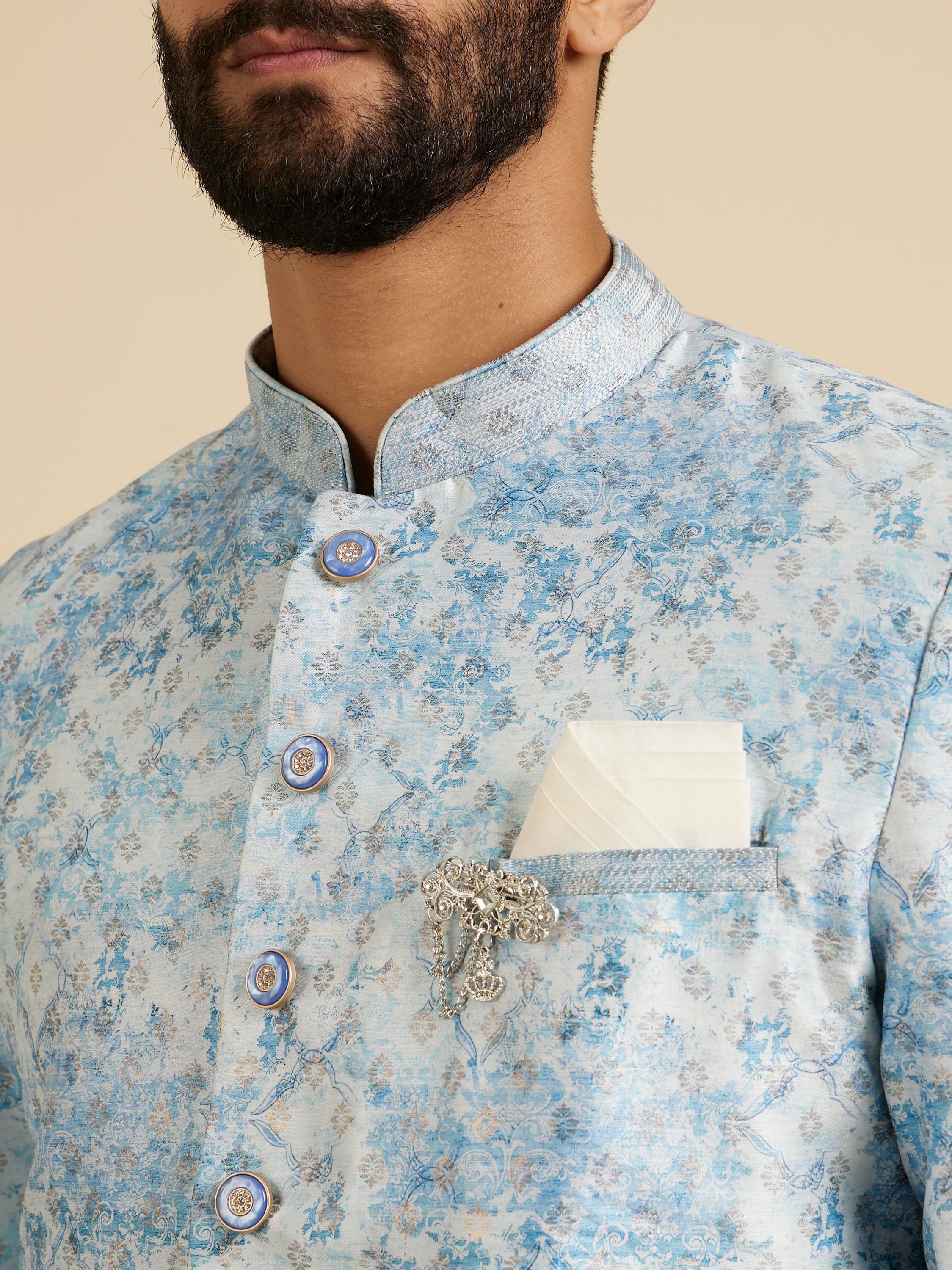 Manyavar Men Cornflower Blue Kurta Set with a Blend of Floral and Trellis Patterns