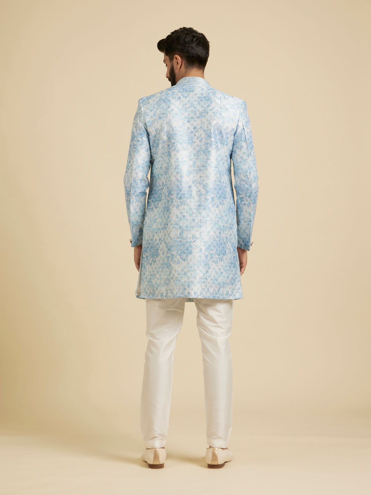 Manyavar Men Cornflower Blue Kurta Set with a Blend of Floral And Trellis Patterns