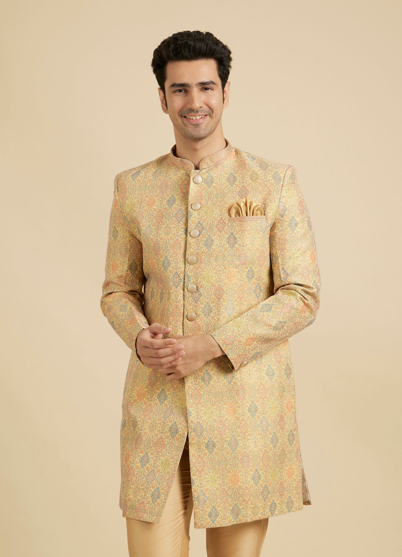 Manyavar Men Buttercup Yellow Conch Shell Patterned Kurta Set