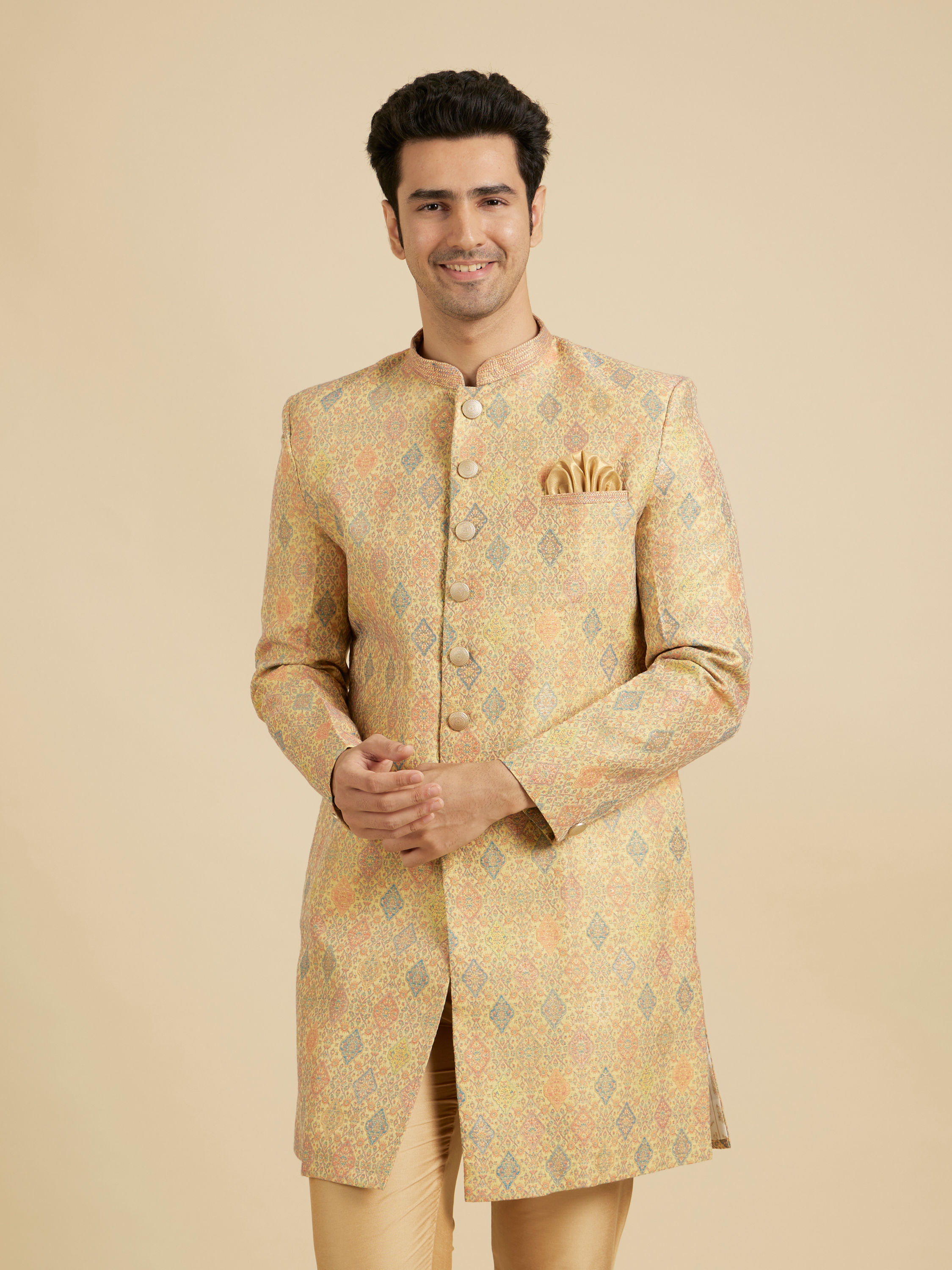 Manyavar Men Buttercup Yellow Conch Shell Patterned Kurta Set