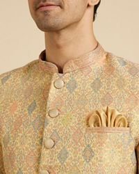 Manyavar Men Buttercup Yellow Conch Shell Patterned Kurta Set
