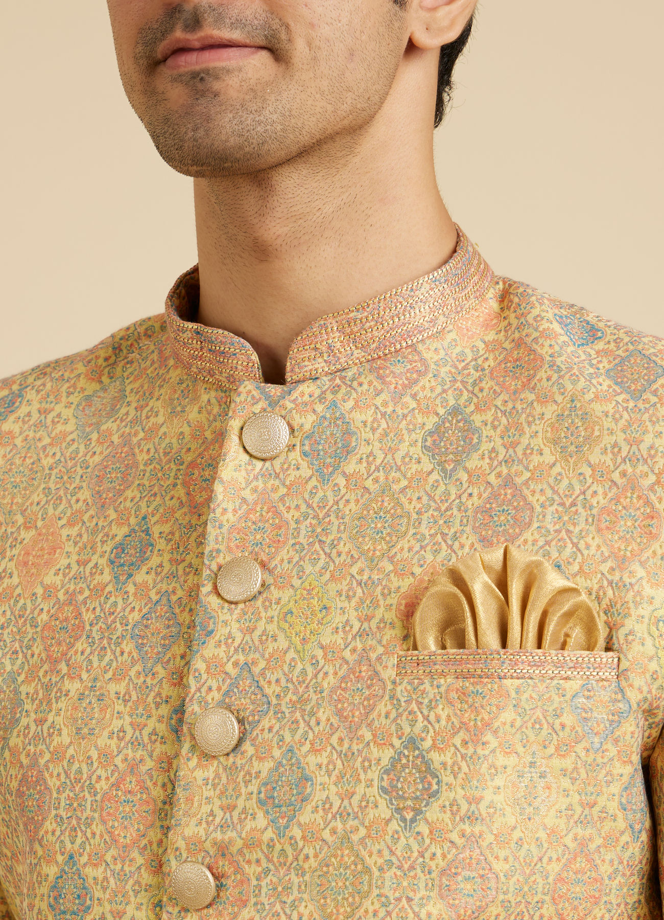 Manyavar Men Buttercup Yellow Conch Shell Patterned Kurta Set