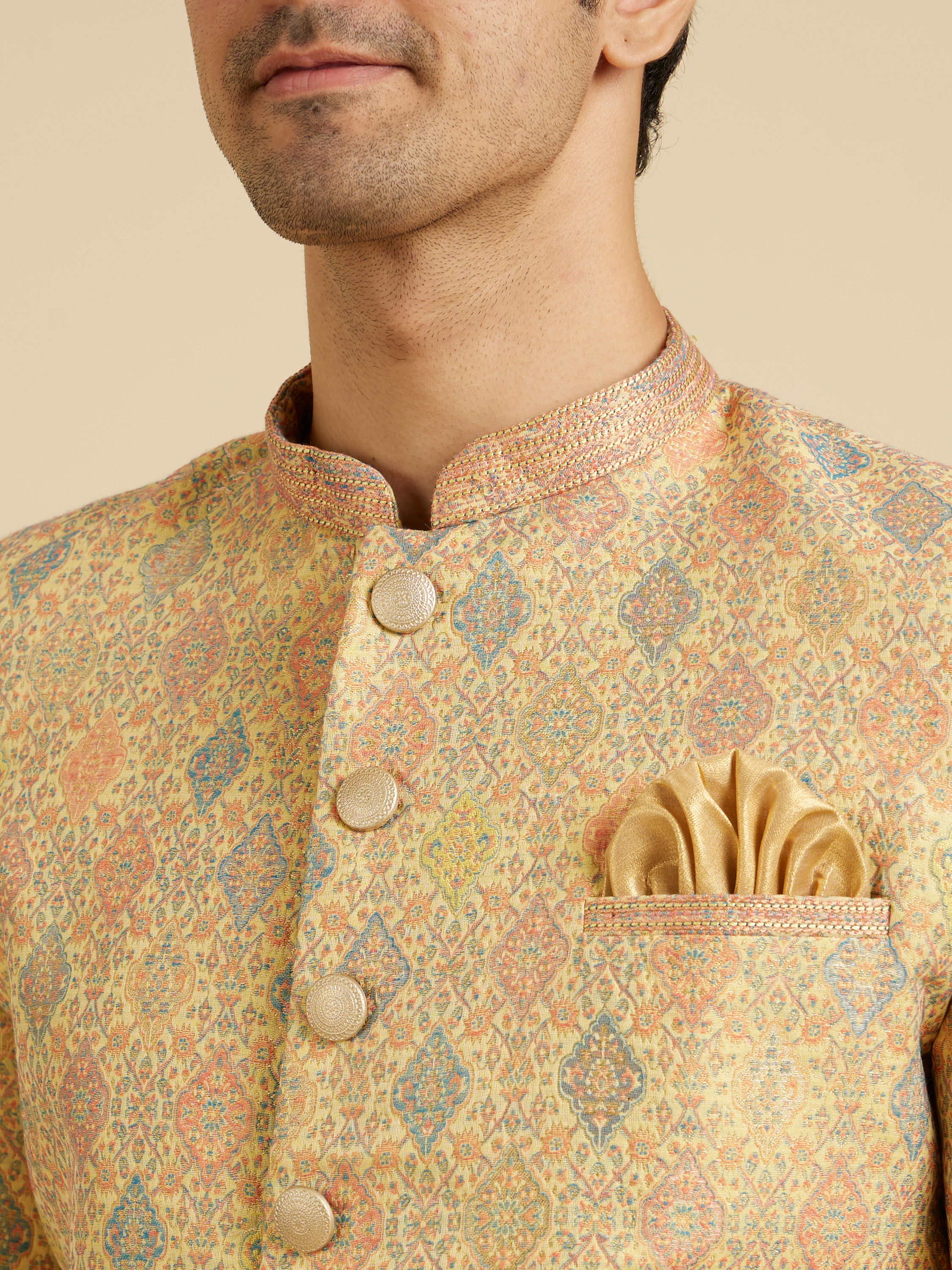 Manyavar Men Buttercup Yellow Conch Shell Patterned Kurta Set