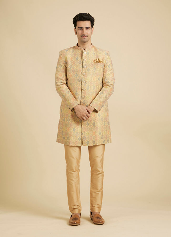 Manyavar Men Buttercup Yellow Conch Shell Patterned Kurta Set