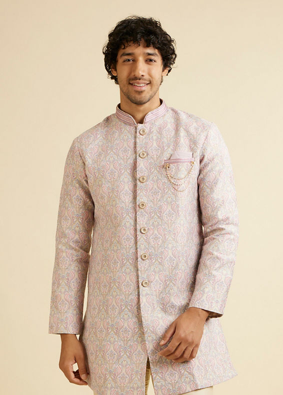 Manyavar Men Light Pink Jaal Medallion Patterned Kurta Set