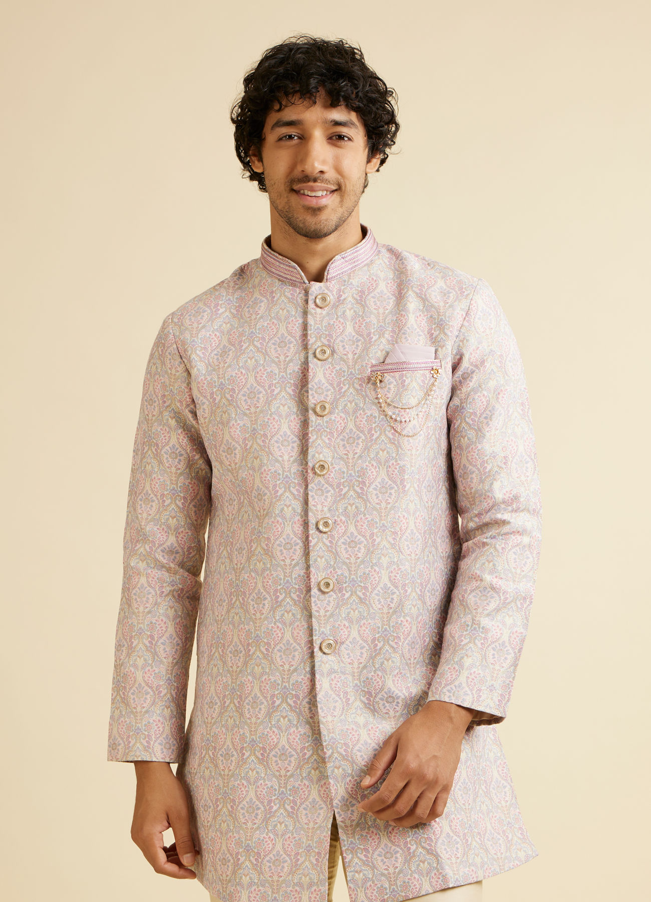 Manyavar Men Light Pink Jaal Medallion Patterned Kurta Set