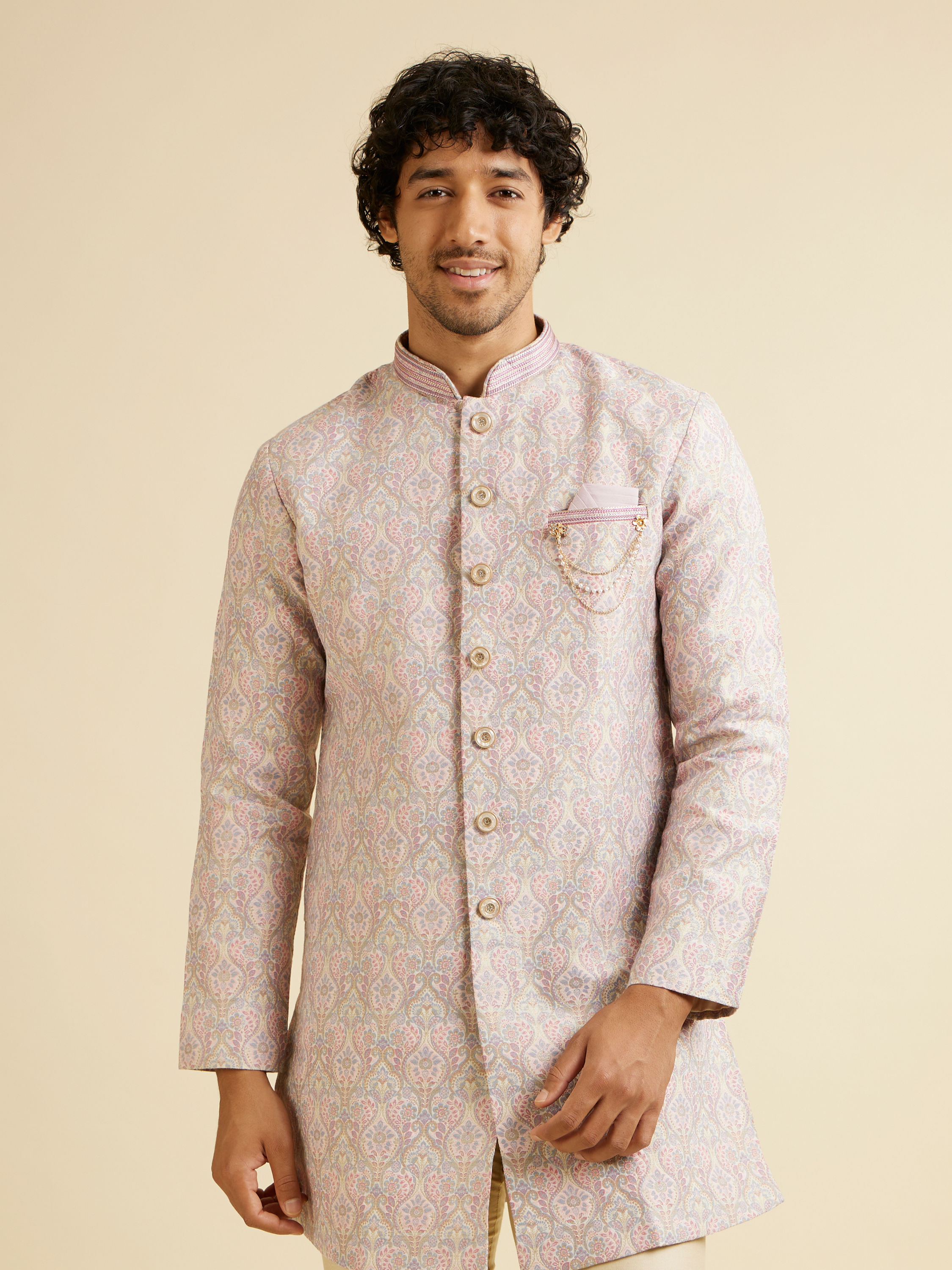 Manyavar Men Light Pink Jaal Medallion Patterned Kurta Set