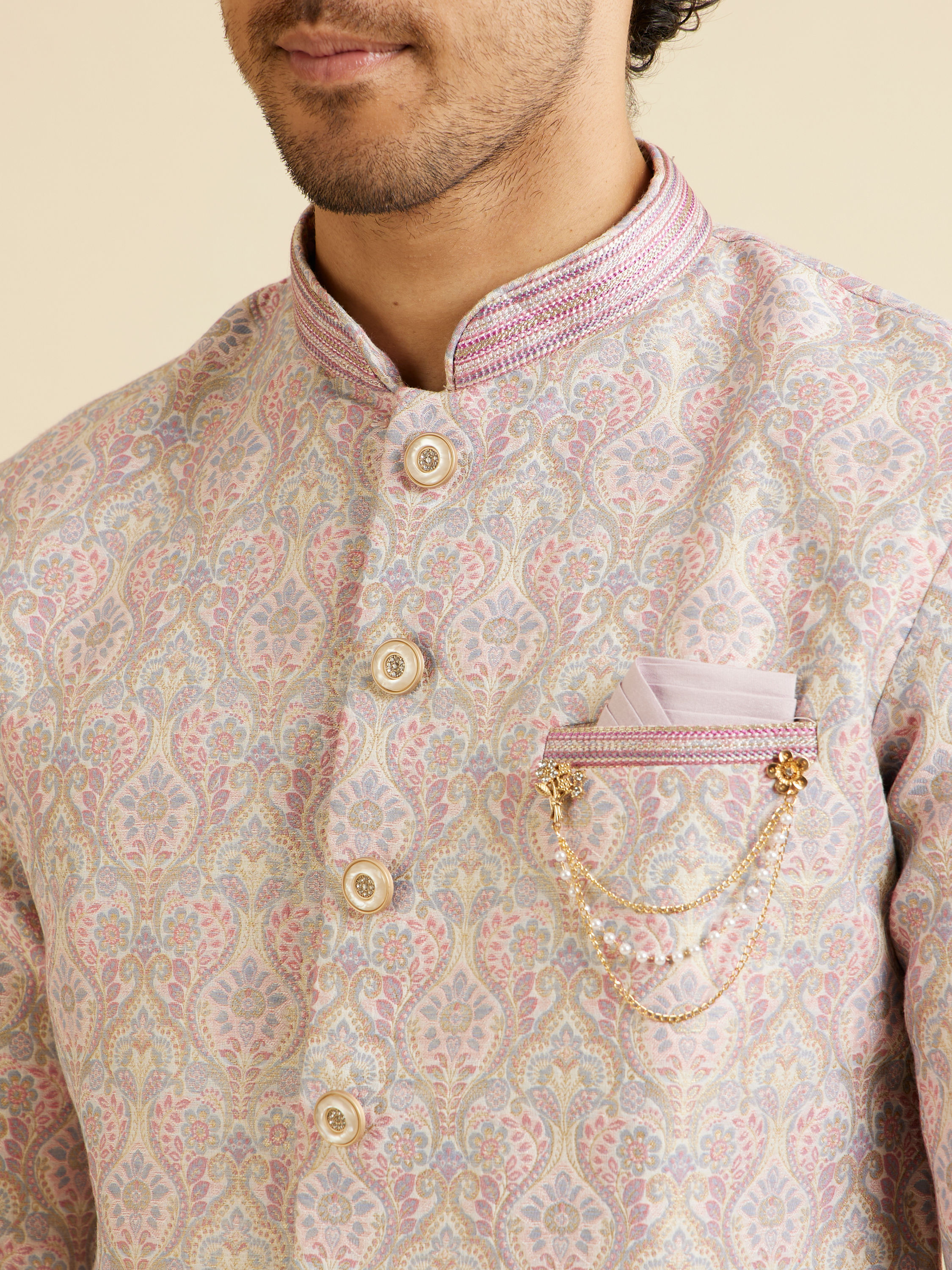 Manyavar Men Light Pink Jaal Medallion Patterned Kurta Set