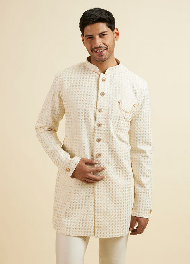 Manyavar Men Cream Buta Jaal Patterned Kurta Set image number 0