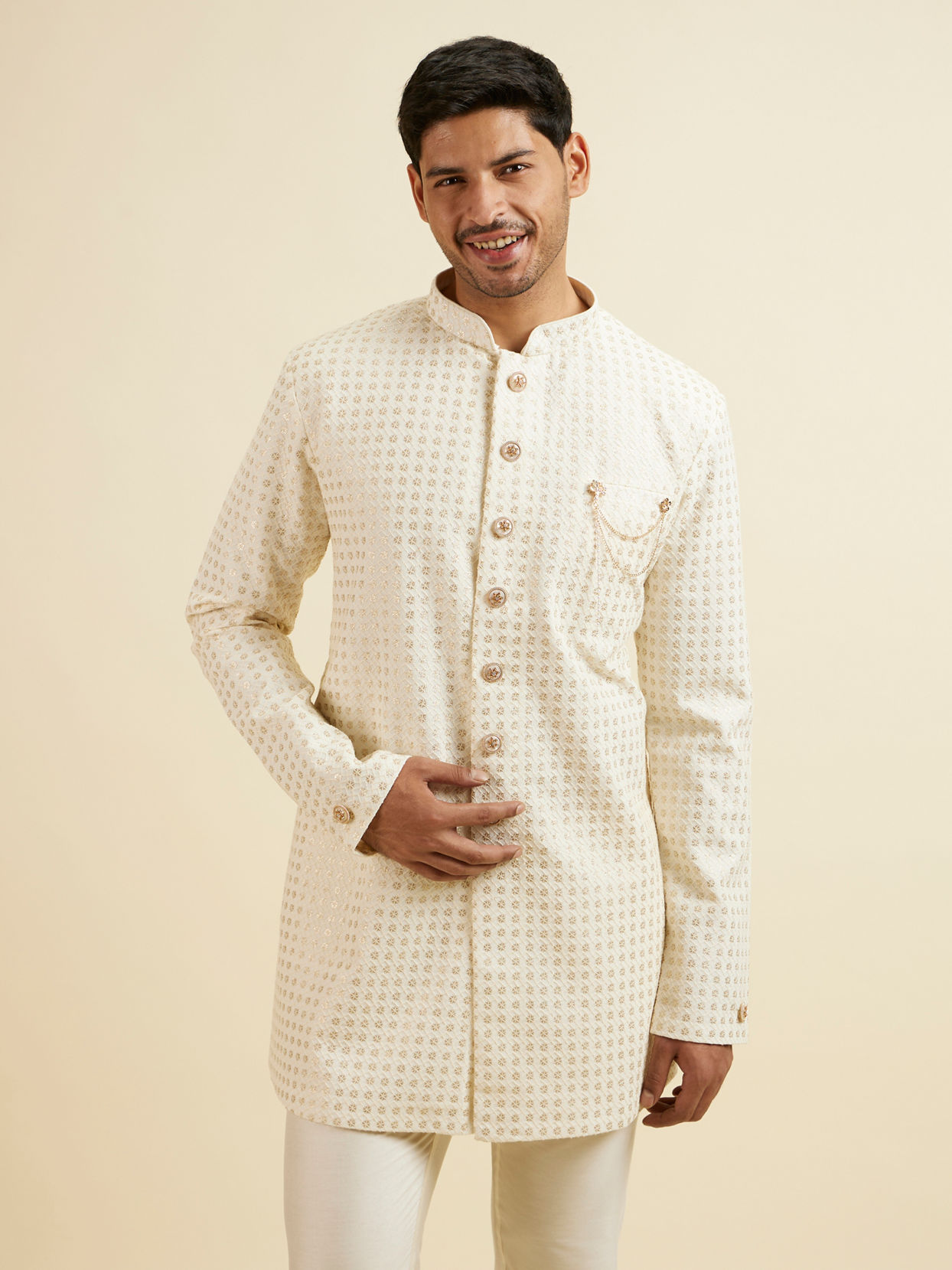 Manyavar Men Cream Buta Jaal Patterned Kurta Set image number 0