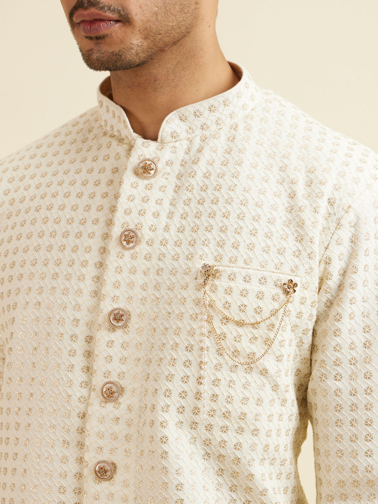 Manyavar Men Cream Buta Jaal Patterned Kurta Set