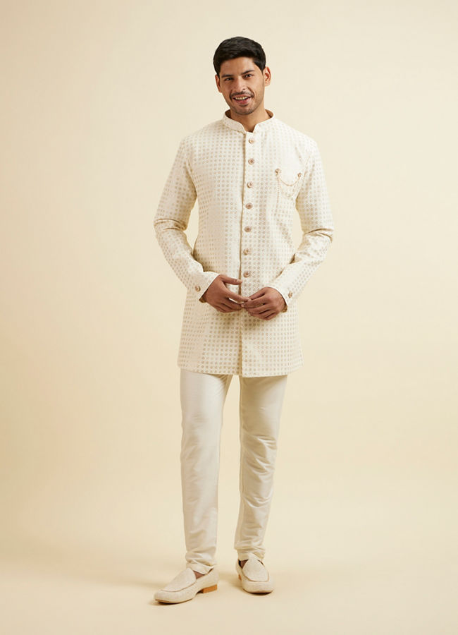 Manyavar Men Cream Buta Jaal Patterned Kurta Set image number 2